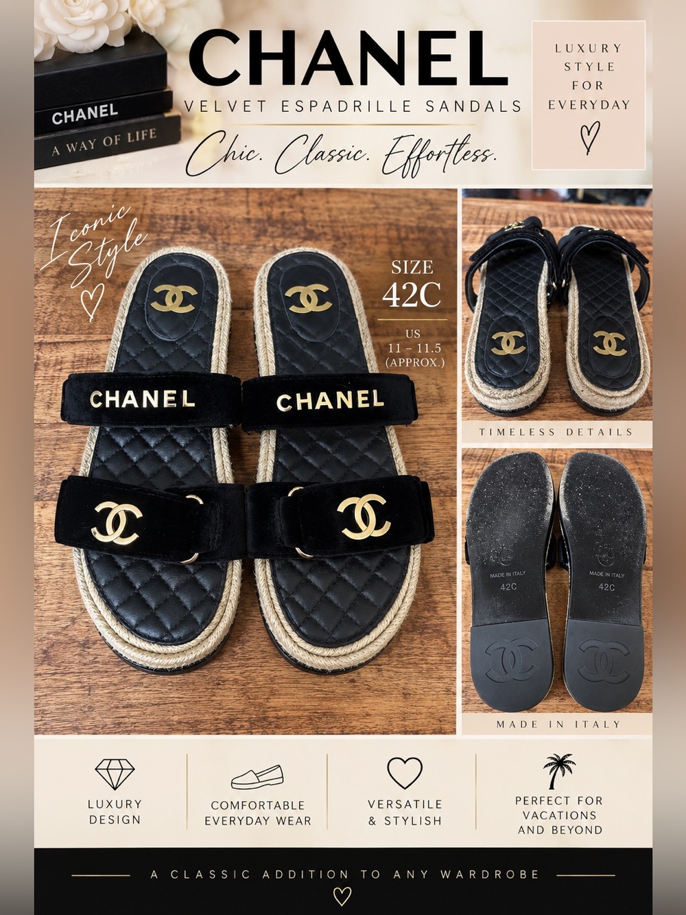 CHANEL Black Velvet Espadrille Sandals - Size 42C